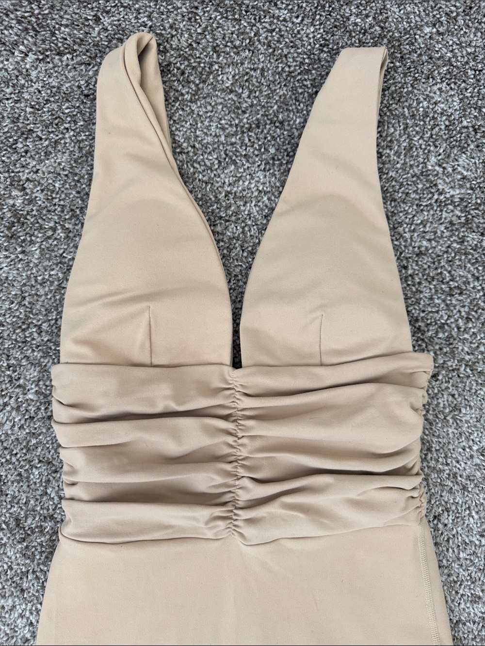 Riot Swim Beige Ruched Deep-V Jumpsuit